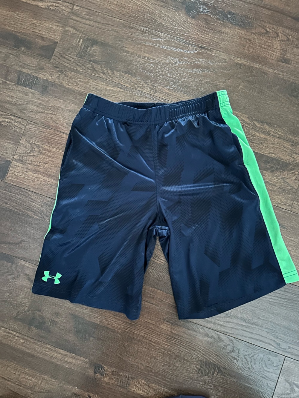 Under Armour Boy’s Navy Blue Athletic Shorts with Green Accent